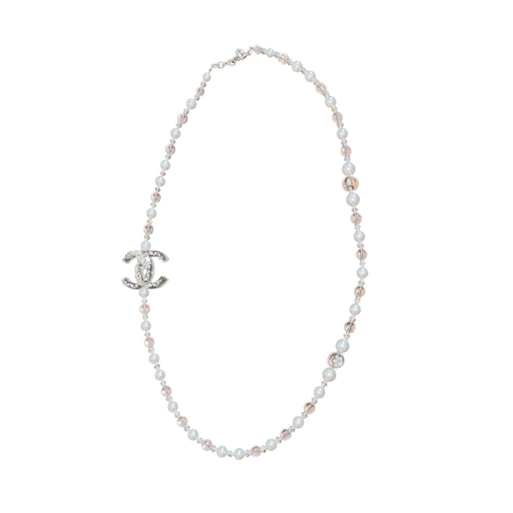 🥳SALE🥳 Chanel Crystal Clear and Gold Pearl Costume Long Necklace CC Logo NWT